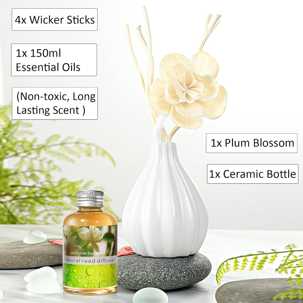 Reed Diffuser Set, Home Fragrance & Decorative Diffuser, Dried Flower Aromatherapy Oil Set, Oil Diffuser Sticks, Ceramic Bottle 5.07 oz(150ml) /1 Pack (JasmineBouquet)