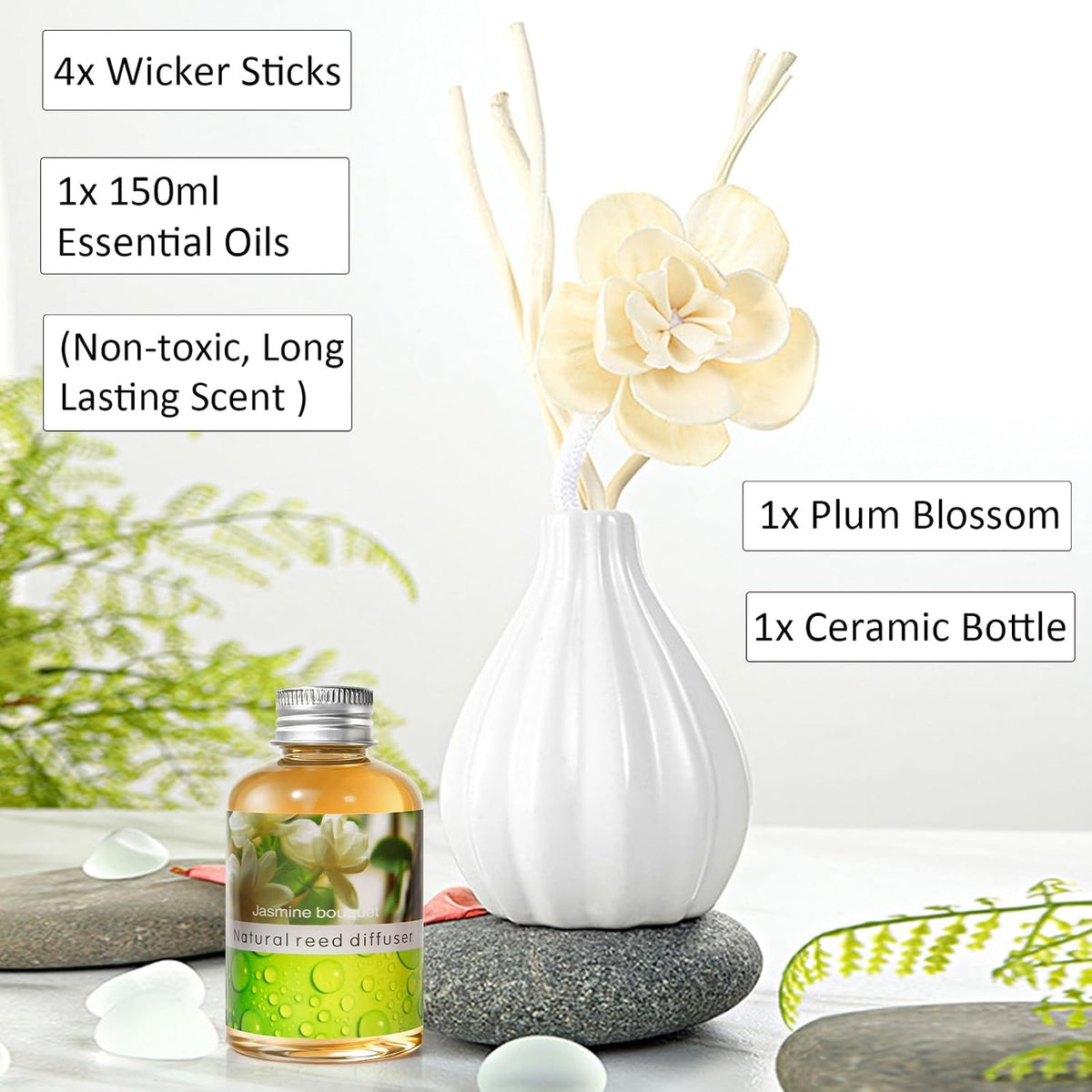 Reed Diffuser Set, Home Fragrance & Decorative Diffuser, Dried Flower Aromatherapy Oil Set, Oil Diffuser Sticks, Ceramic Bottle 5.07 oz(150ml) /1 Pack (JasmineBouquet)