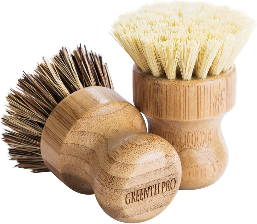 Palm Pot Brush- Bamboo Round 3 Packs Mini Dish Brush Natural Scrub Brush Durable Scrubber Cleaning Kit with Union Fiber and Tampico Fiber for Cleaning Pots, Pans and Vegetables