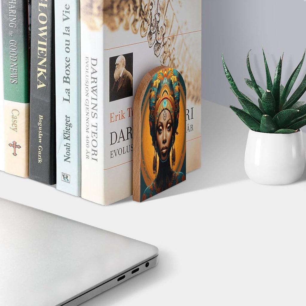 Book Ends African Woman Portrait Mandala Wood Bookends for Shelves to Hold Books Heavy Duty Non-Skid Book Stoppers Wood Decorative Home Office School