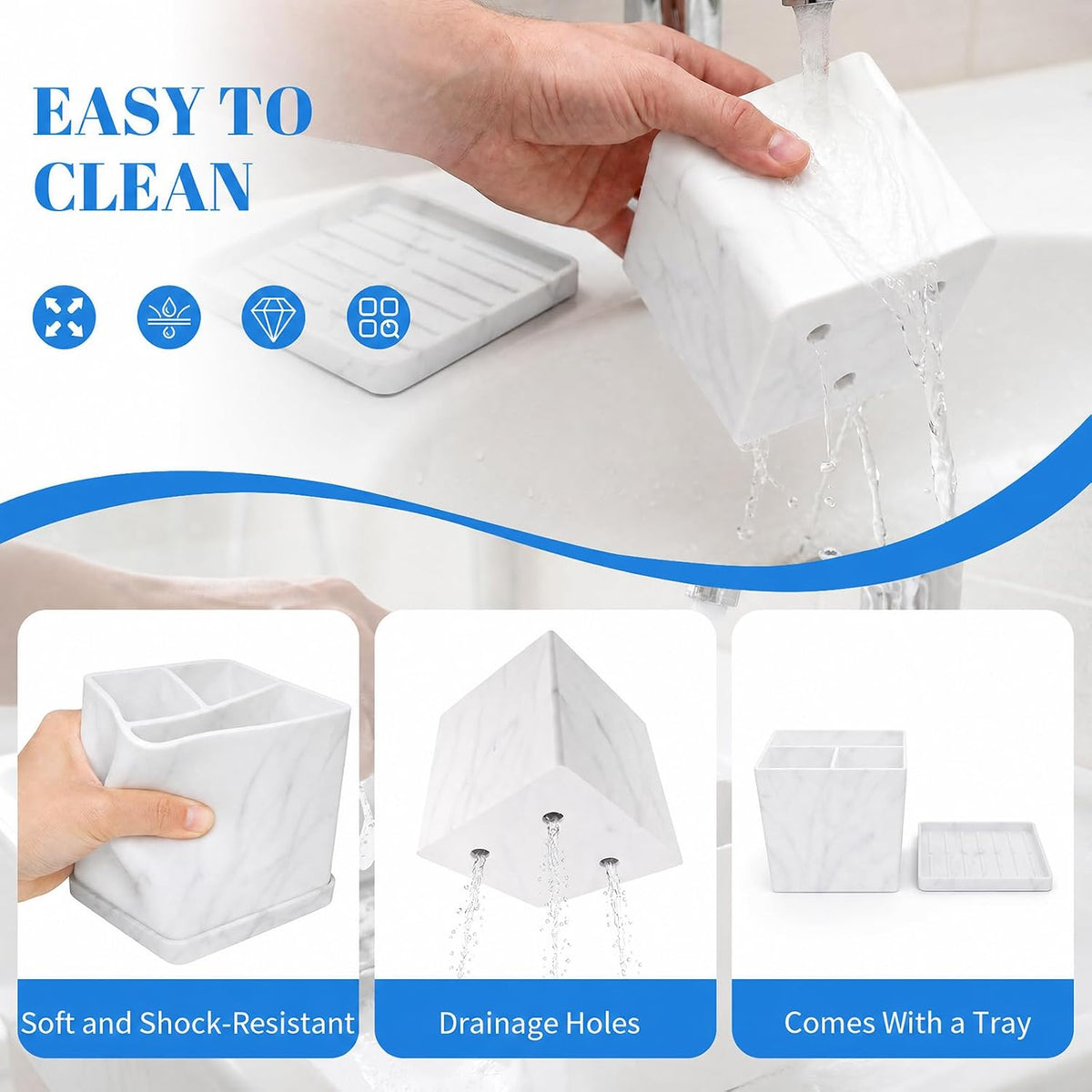 Silicone Toothbrush Holders for Bathrooms Marble White, 3-Slot Electric Toothbrush Holder and Organizer, Bathroom Toothbrush Holder Set, Soft Countertop Tooth Brush Holder, Portable and Easy to Clean