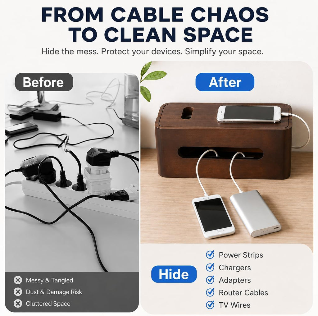 Large Wooden Cable Management Box, Cord Organizer for Power Strip, Surge Protector & Chargers, Ventilation Holes & Multi Cable Slots, Wire Hider for Desk, TV, Office & Gaming Setup