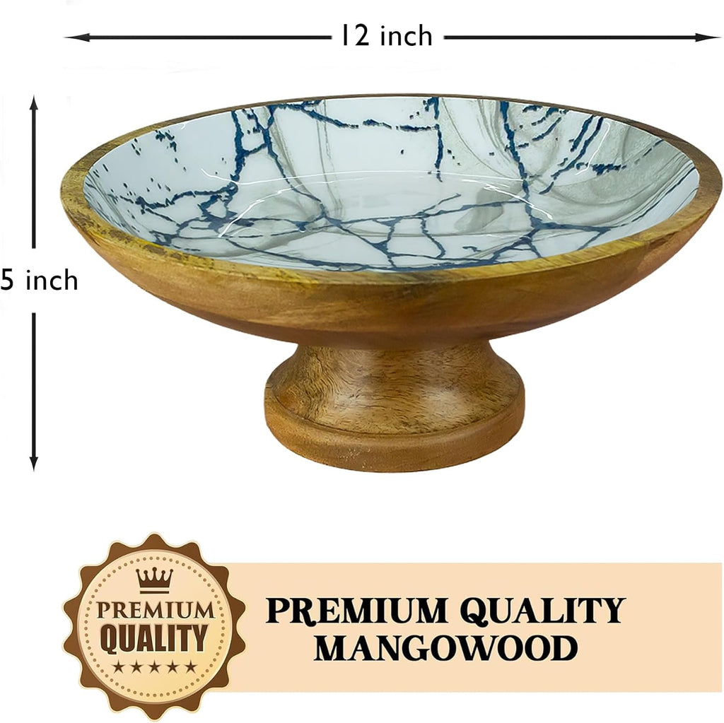 HOMORA Wood Fruit Bowl or Decorative Pedestal Bowl for Table Décor, for Kitchen Counter, Detachable Base,12-inch Large Bowls,Mango Wood (BLUE MARBLE), christmas, thanksgiving, new year