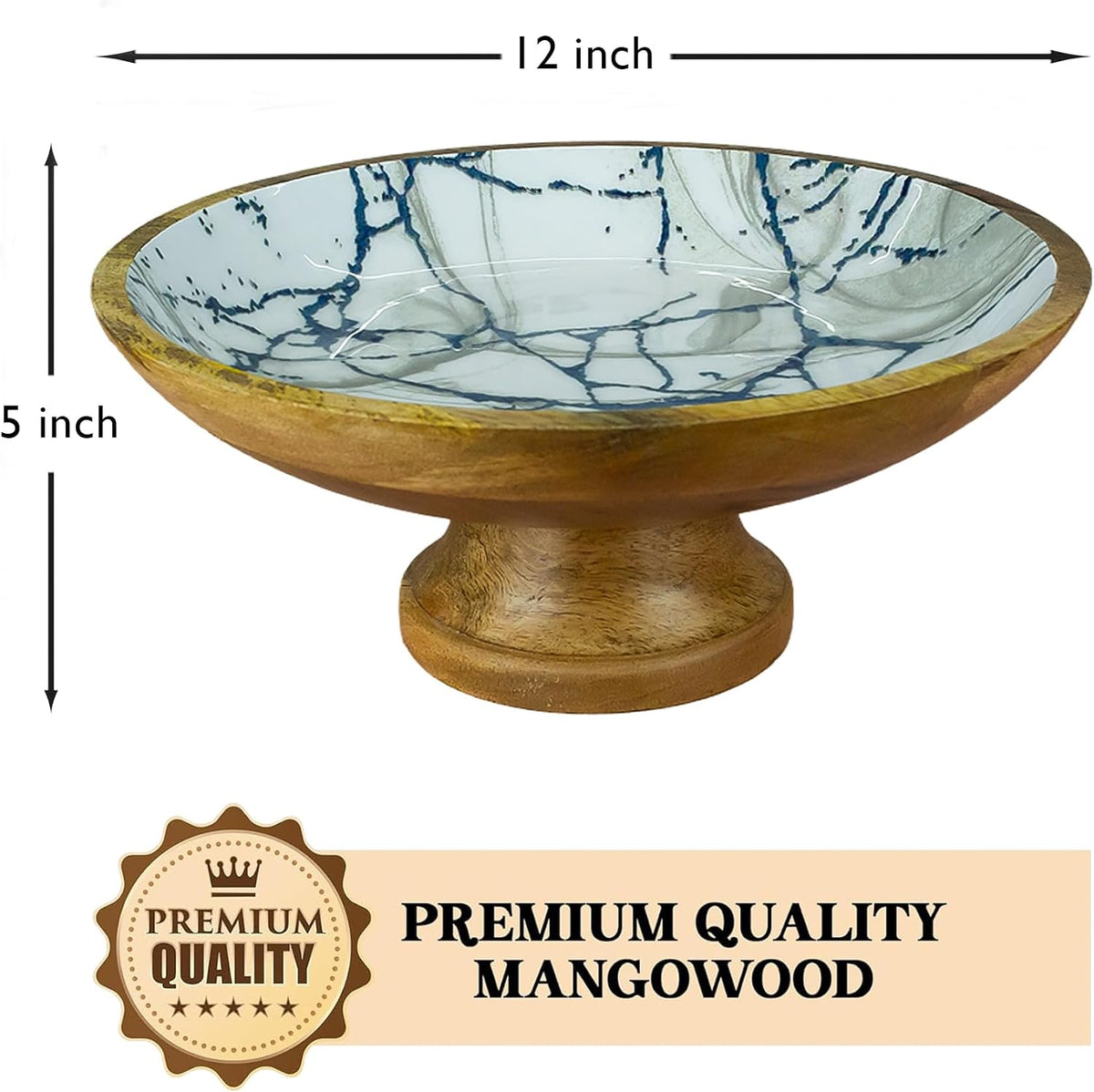 HOMORA Wood Fruit Bowl or Decorative Pedestal Bowl for Table Décor, for Kitchen Counter, Detachable Base,12-inch Large Bowls,Mango Wood (BLUE MARBLE), christmas, thanksgiving, new year
