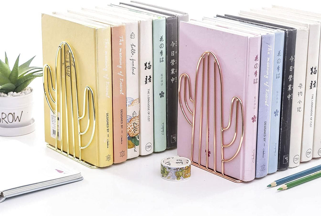 Cactus Bookends - Iron Metal Non-Slip Shelf Organizers for Home, Office & Kids' Rooms