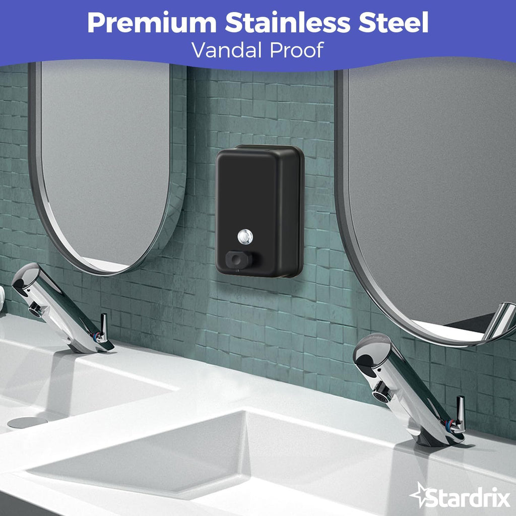 Stardrix Matte Black Stainless Steel Vertical 1100ml/37oz Capacity Commercial-Grade Soap Dispenser, Wall-Mounted Bathroom Hand Soap Dispenser with Corrosion-Proof Lining and Anti-Leak Pump