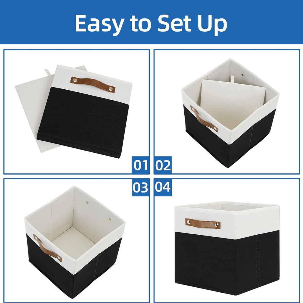 Temary 11 inch Cube Storage Bin 4 Pack Fabric Storage Cubes for Home, Fabric Storage Bin Storage Cube Bins with Leather Handles(White&Black)