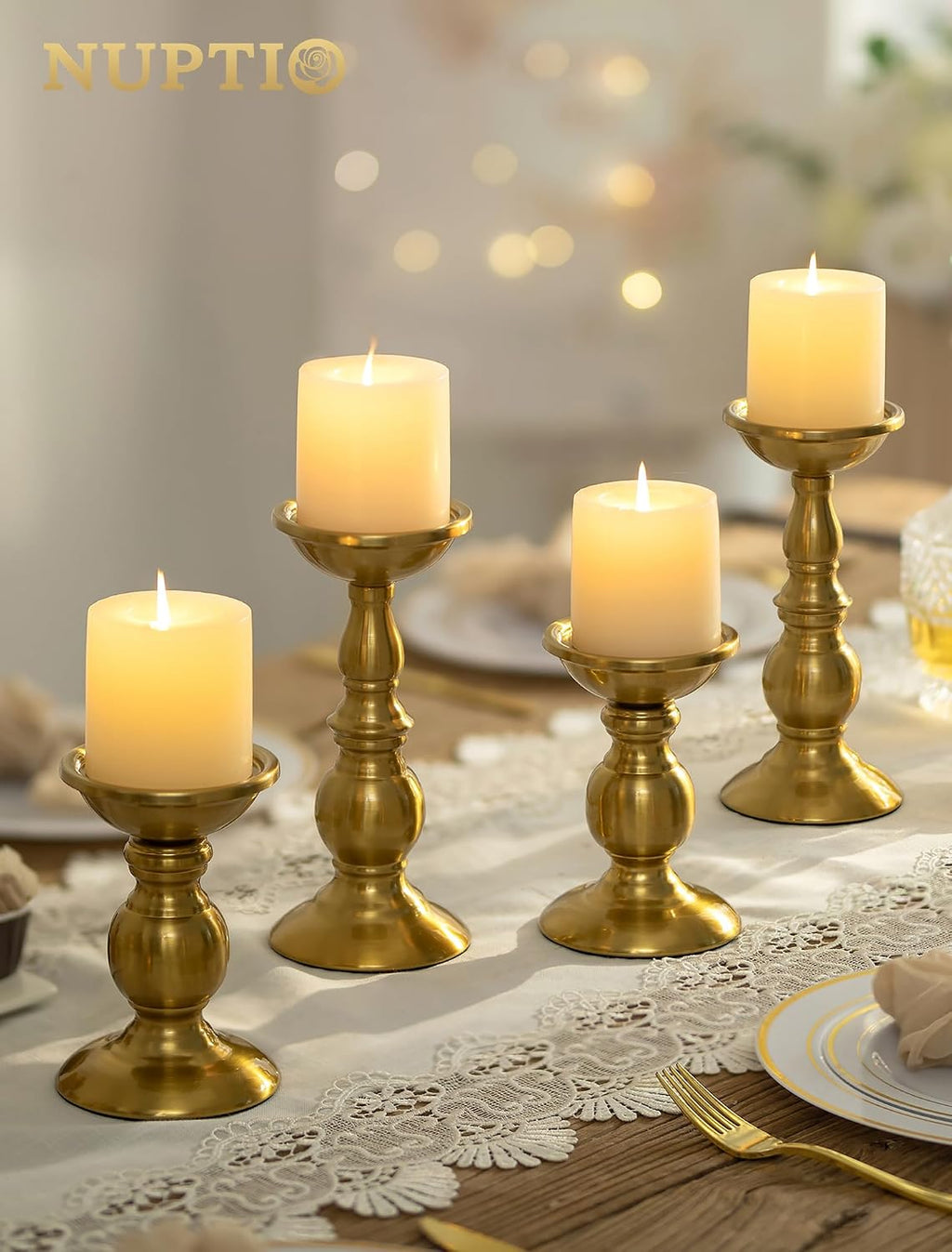 NUPTIO Gold Candle Holder for Table: Brass Pillar Stand for 3" Candles