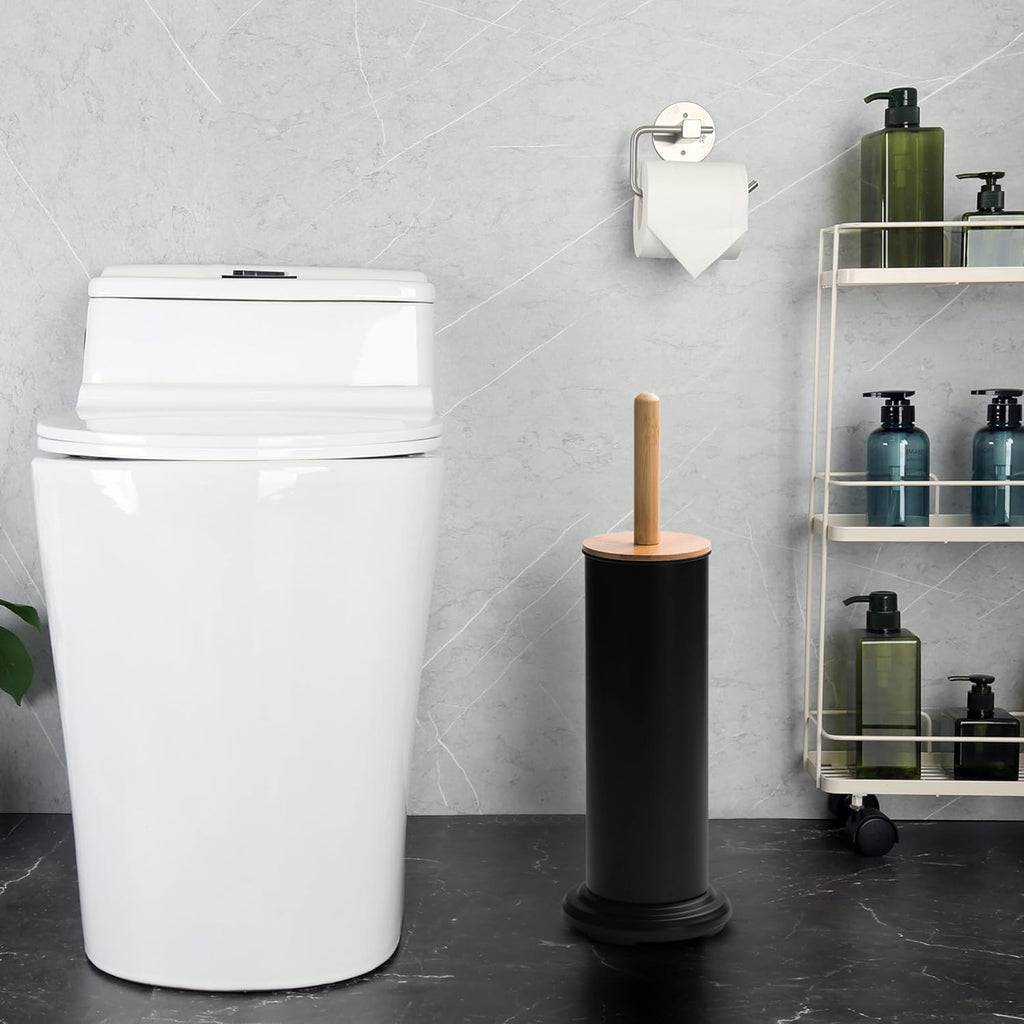 Toilet Bowl Brush and Holder, Toilet Brush with Bamboo Handle and Covered Holder, Dual Brush Options, Weighted Metal Base (Black)