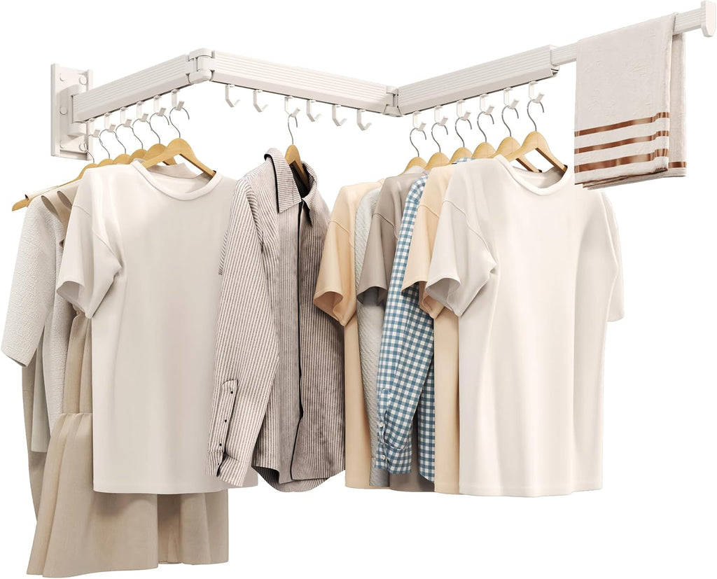 Wall Mounted Tri-Fold Clothes Drying Rack, Heavy Duty Collapsible Laundry Drying Rack, Space-Saving Retractable Foldable Drying Rack Clothes for Laundry Room Balcony Bathroom,White-Hooks