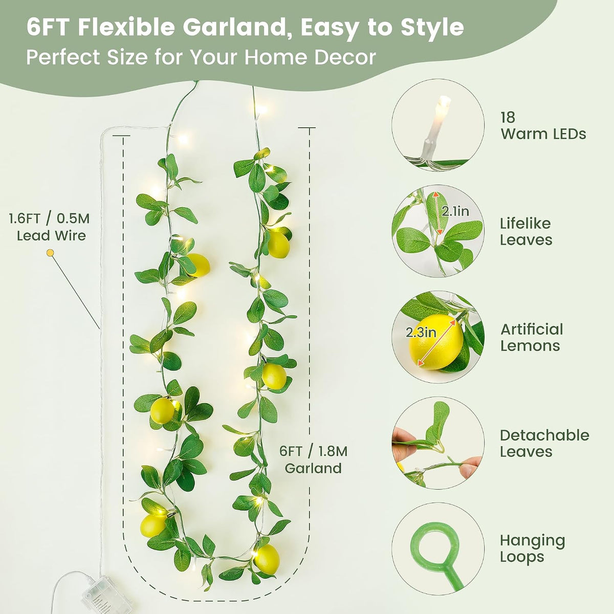 HEYFUNi 18 Led 6FT Lemon Garland Vine with Lights, USB & Battery Operated