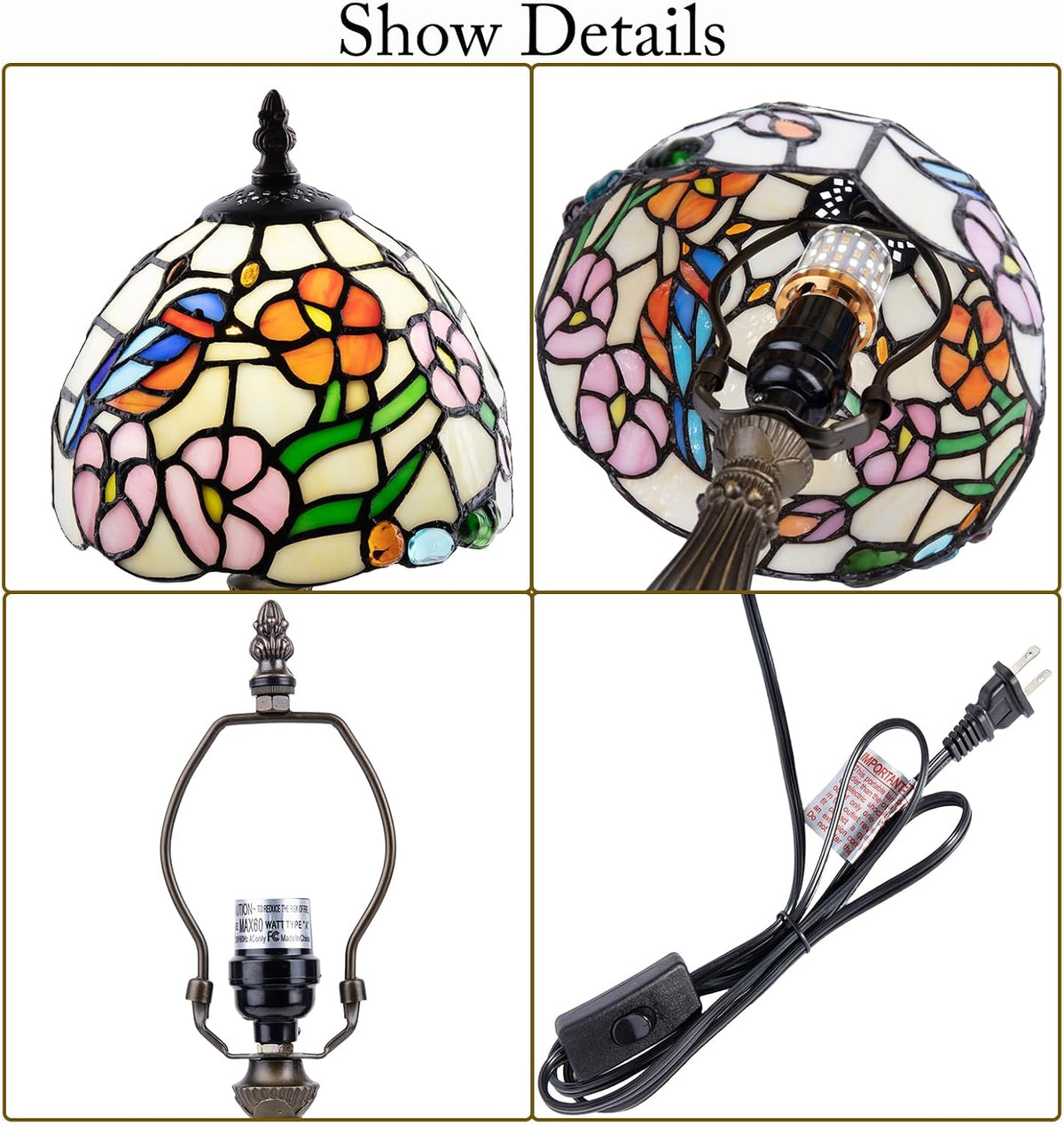 Small Tiffany Style 8 inch Bird Flower Stained Glass Table Lamp