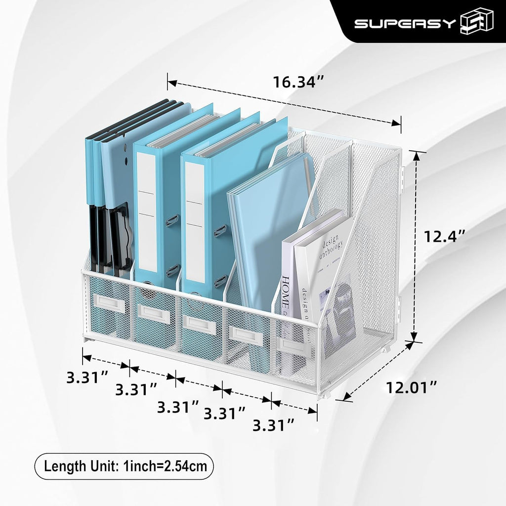 SUPEASY Desk Organizers Metal Desk Magazine File Holder with 5 Vertical Compartments Rack File Organizer for Office Desktop, Classroom, Home Workspace, White Plus