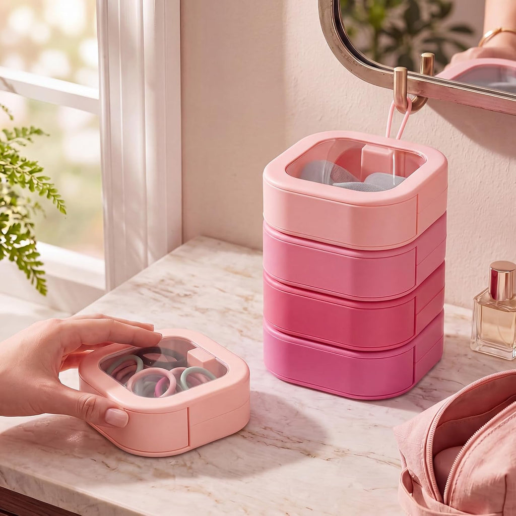 Kathfly 4 Pcs Hair Tie Organizer Travel, Stackable, Pink Range