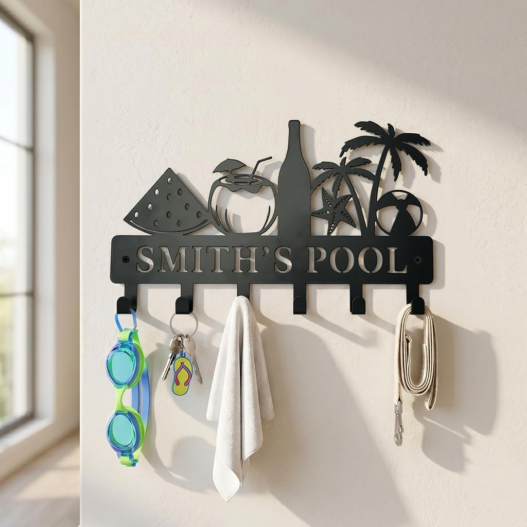 Coastal Metal Key Holder Wall Mount, Tropical Poolside Key Rack Hooks