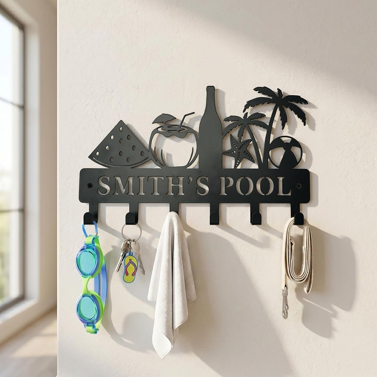 Coastal Metal Key Holder Wall Mount, Tropical Poolside Key Rack Hooks