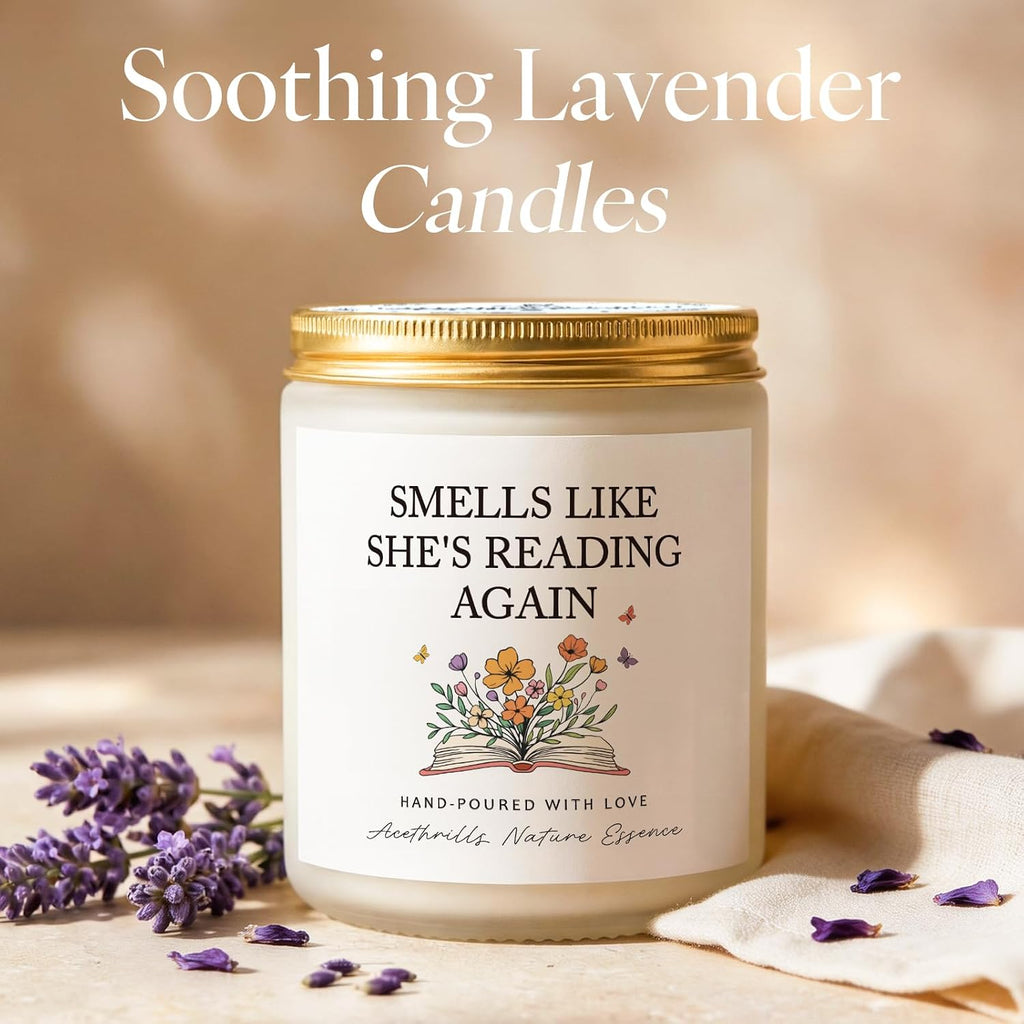 AceThrills Book Lovers Gifts for Book Lovers Women, Bookish Gifts for Readers - Lavender Scented Soy Wax Candle (She's Reading Again)