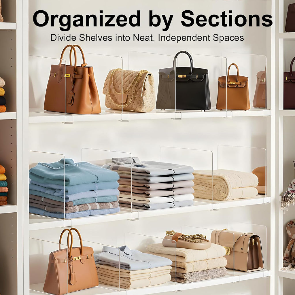 Purse Organizer for Closet Shelf Dividers: Clear Acrylic 16-Pack