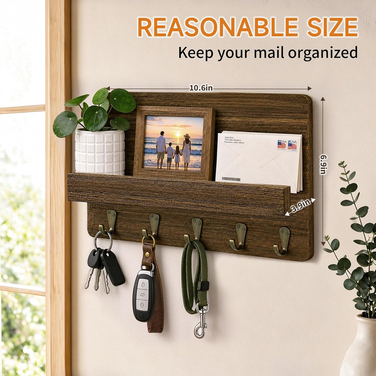 Key Holder Wall Mount,Key and Mail Organizer with Wooden Shelf,Charcoal