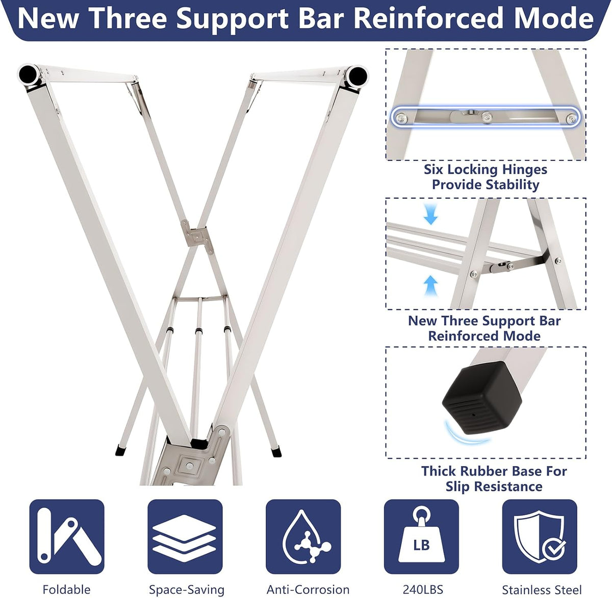 95 inches Foldable Clothes Drying Rack, Stainless Steel Indoor Outdoor Use