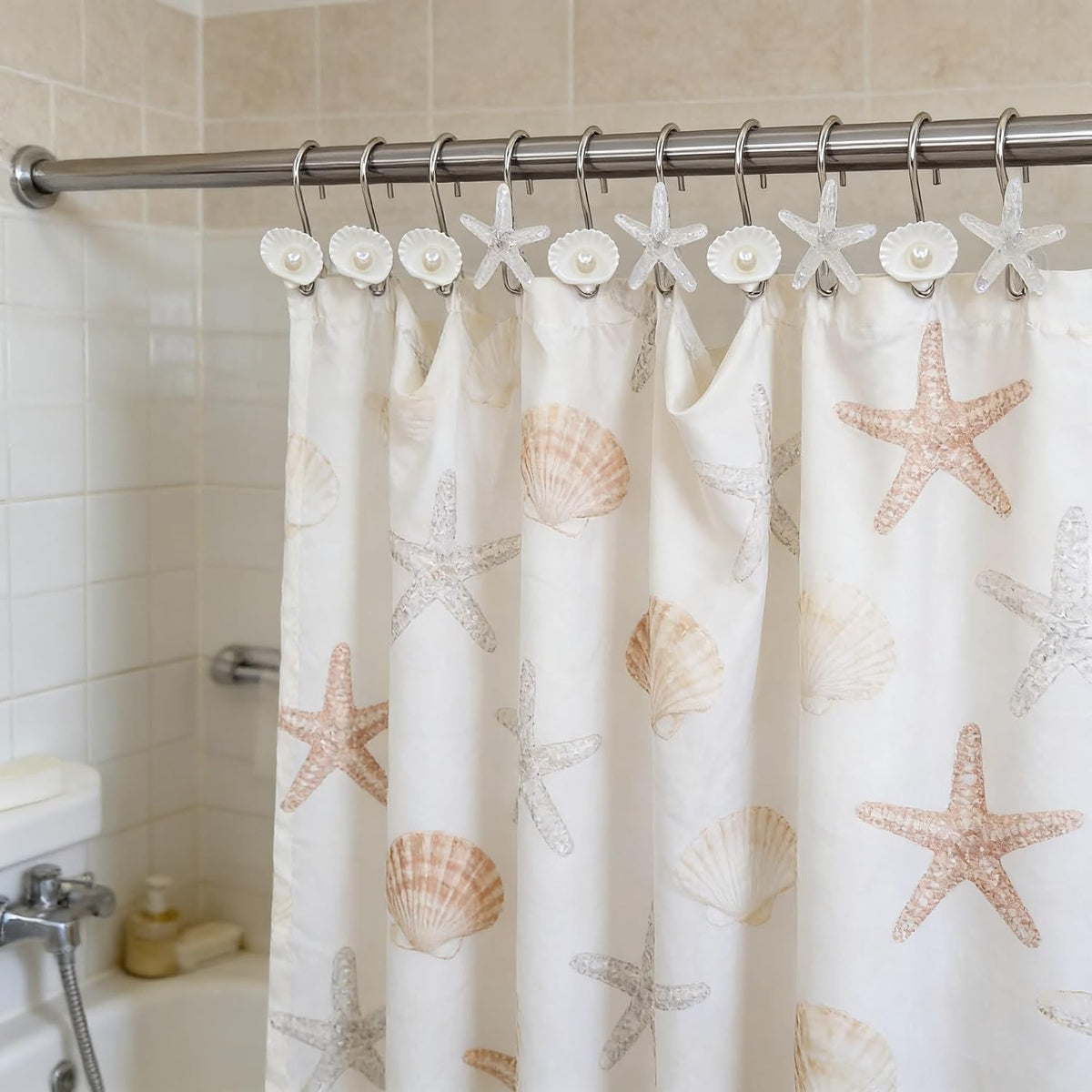 Twofishes Seashell Shower Curtain Hooks S/12 Ocean Pearl White Starfish Style Shower Curtain Rings Pack of 12 Oecan Shell Shower Rings Set of 12