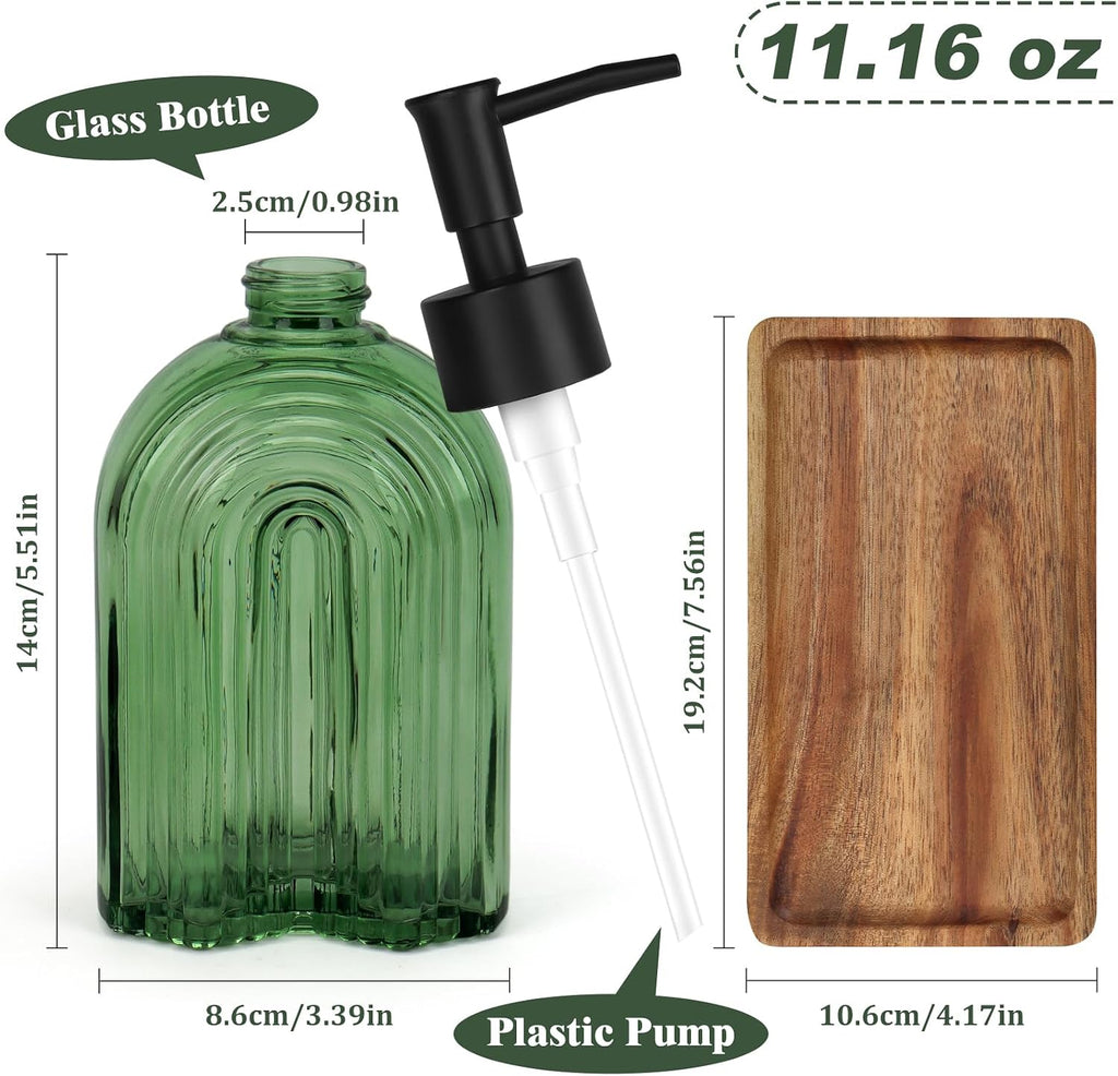 Glass Soap Dispenser Set with Wooden Tray, 11.6Oz Refillable Liquid Modern Soap Dispenser with Plastic Pump for Hand and Dish Set for Bathroom Countertop Decor (Green)