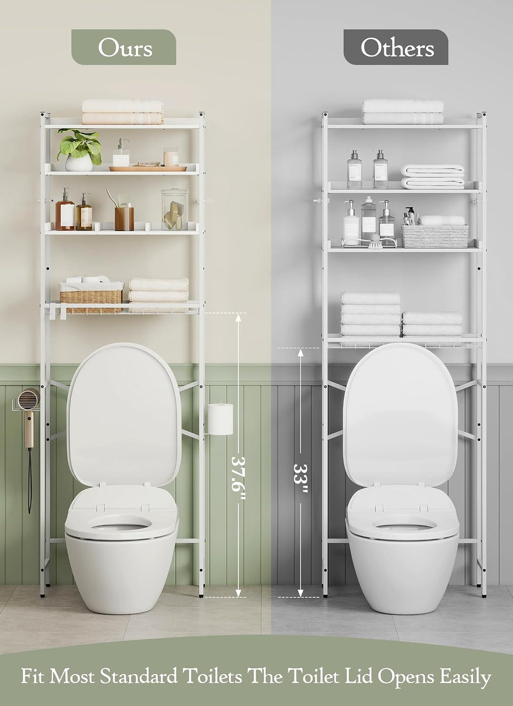 Quikraen 4 Tier Over The Toilet Storage Shelf with 3 Adjustable Shelves, Space Saver Bathroom Organizer with 4 Hooks, Freestanding Above Toilet Rack for Restroom Laundry (White)