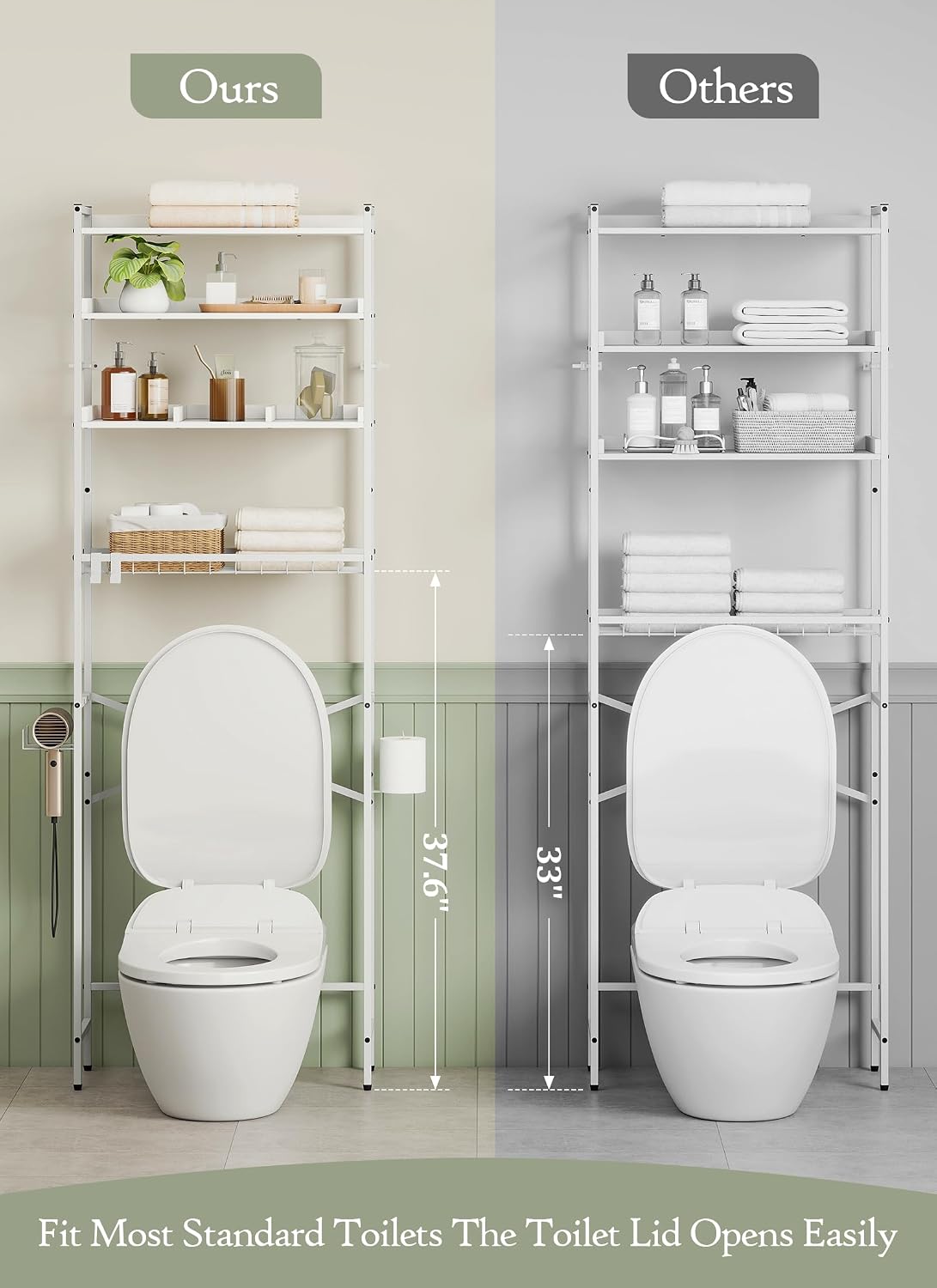 Quikraen 4 Tier Over The Toilet Storage Shelf with 3 Adjustable Shelves, Space Saver Bathroom Organizer with 4 Hooks, Freestanding Above Toilet Rack for Restroom Laundry (White)