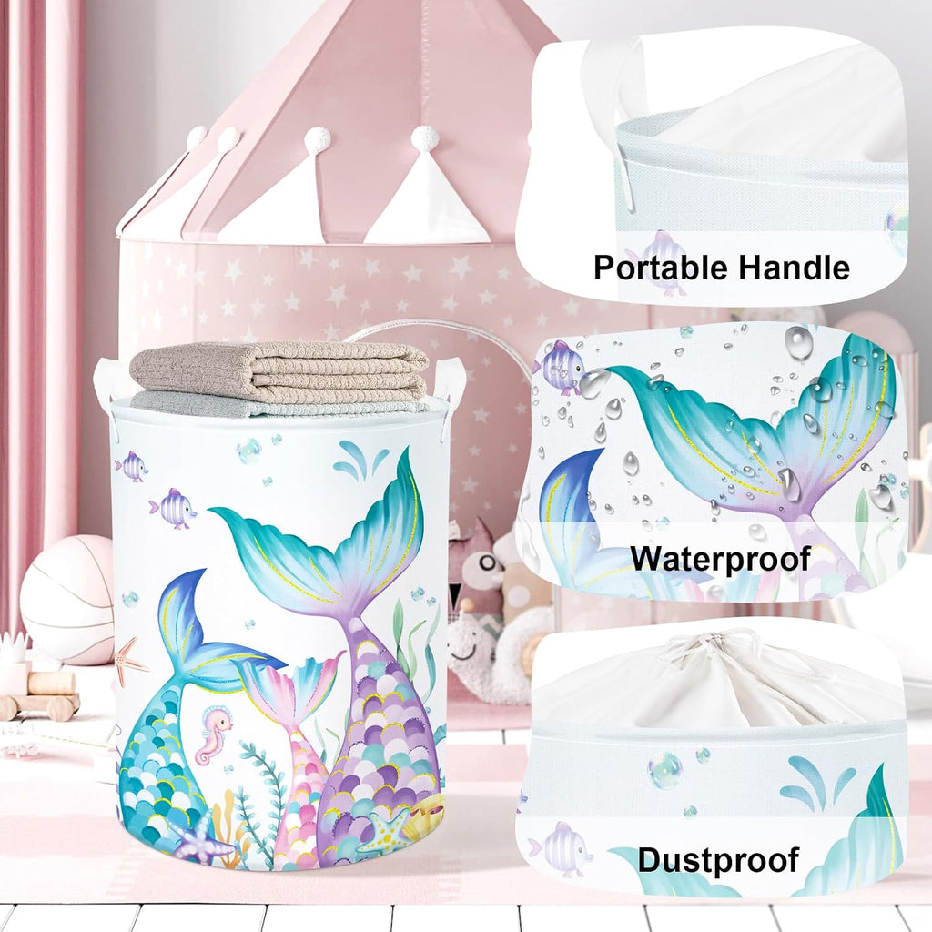 Fantasy Princess Laundry Hamper Colorful Large Storage Basket Collapsible Parents Organizer Kids Toy Clothes Bins for Bedroom, Bathroom, Mermaid, 63L