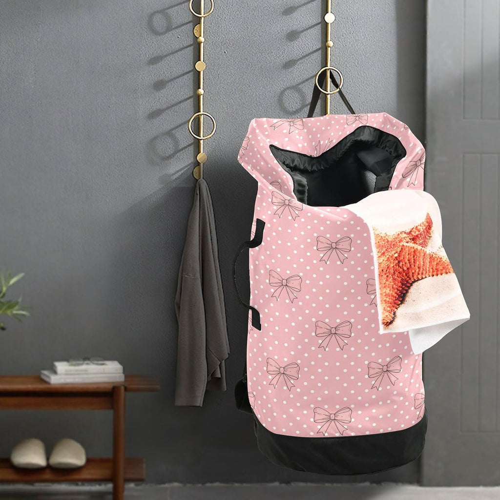 Bow Polka Dot Light Laundry Bag Backpack Bags Mesh Wash Laundry Bags Dirty Clothes Organizer for Vacation Road Trip Essentials Dorm
