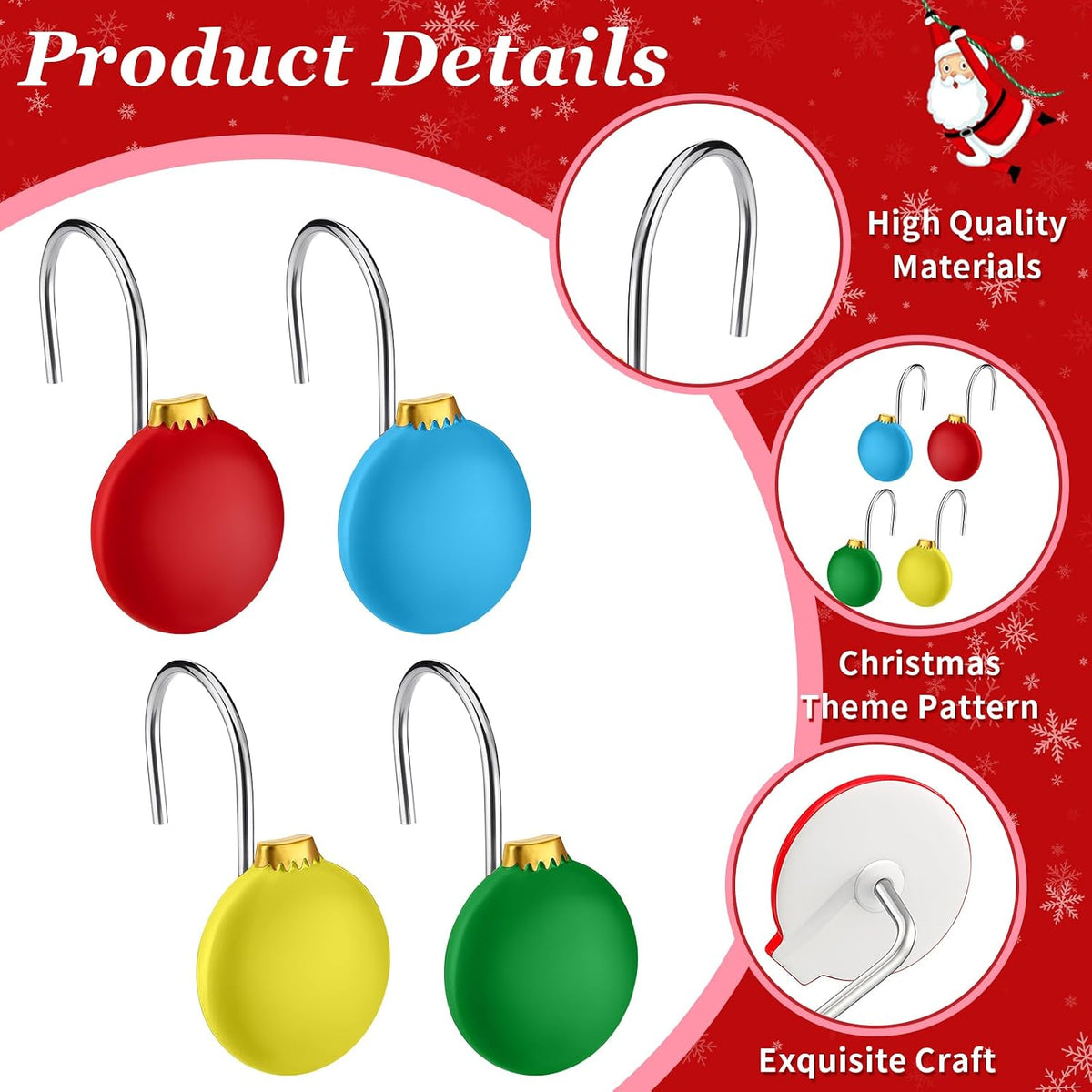 Thyle 12 Pcs Christmas Ball Shower Curtain Hooks, Christmas Ball Ornament Decorative Rings Xmas Shower Curtain Hooks Holiday Decorative for Bathroom Accessories