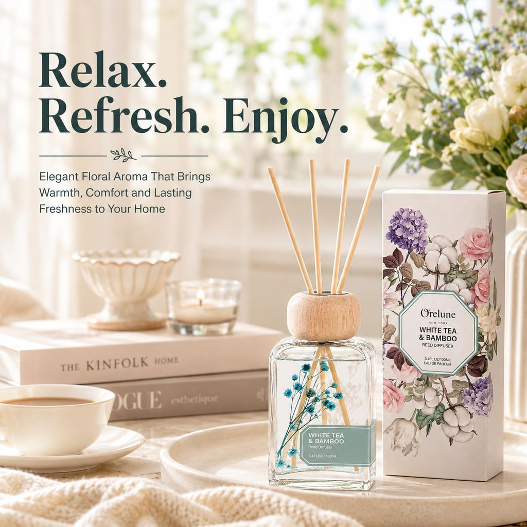 Bamboo White Tea Reed Diffuser, 3.4fl oz Reed Diffuser for Home