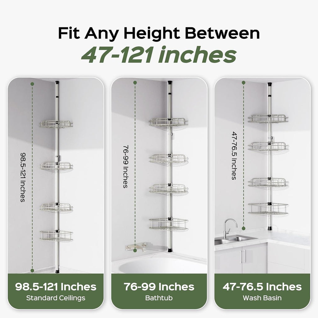 HAMITOR Shower Caddy Tension Pole: 4-Tier Rustproof Bathroom Corner Shelf