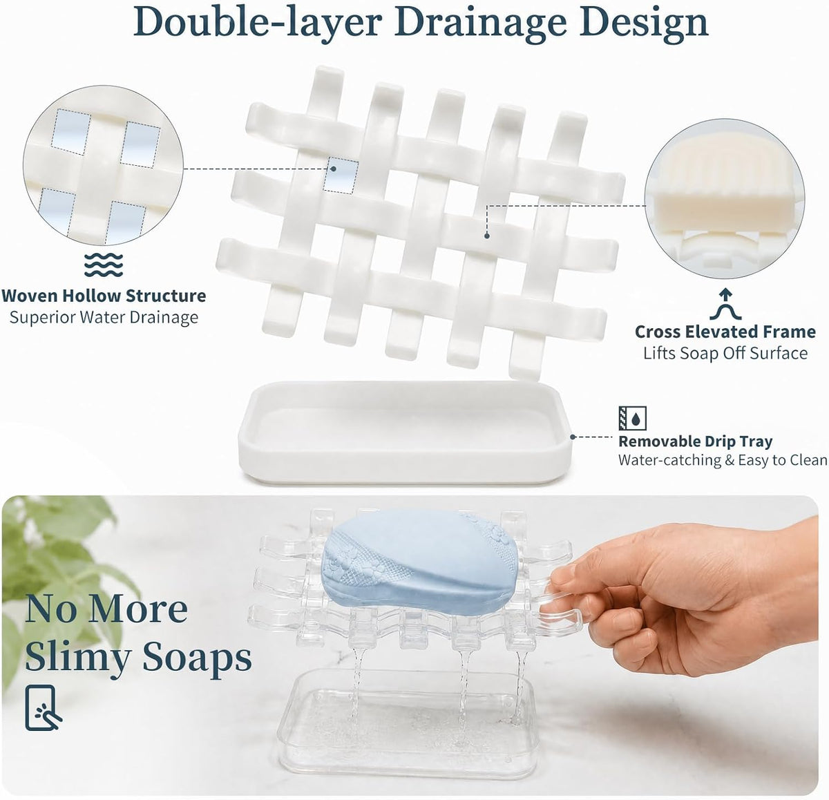 1 Pack Woven Design Self Draining Clear Soap Dish for Bathroom Sink, Double-Layer Shower Soap Holder with Removable Drip Tray for Kitchen Counter, Plastic Shower Soapdish for Bar Soap & Sponge