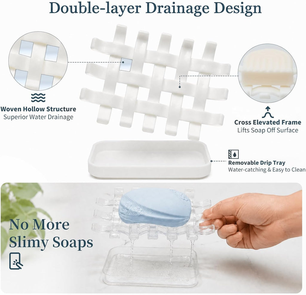 1 Pack Plastic Bar Soap Dish for Shower, White Draining Shampoo & Conditioner Soap Bar Holder, Double-Layer Drainage Soap Stand with Drip Tray for Bathroom, Shower Niche/Shelf, Kitchen Counter
