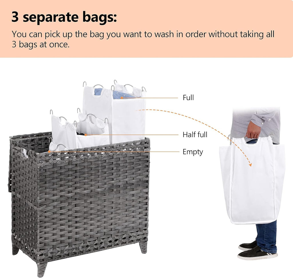Laundry Hamper with 3 Removable Liner Bags, 132L Laundry Sorter with Lid