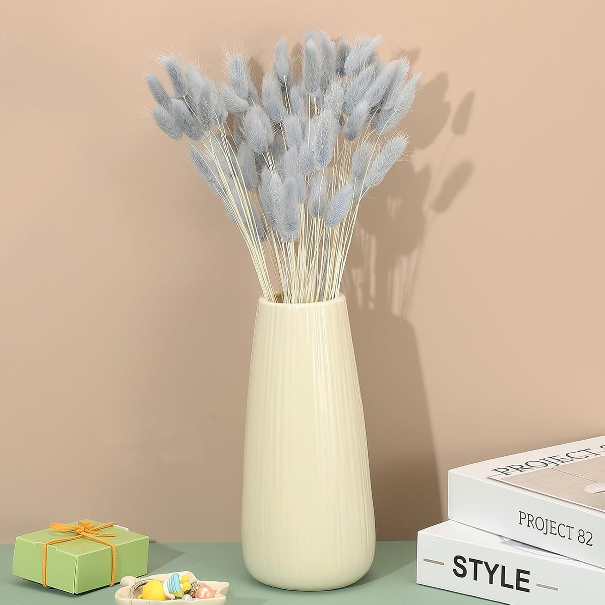 PATIKIL 15.7in Bunny Tails Dried Flowers, 150pcs Pampas Grass Decor Rabbit Tail Natural Pampas Grass Bulk Fluffy Faux Pampas Grass Dried for Home Boho Decor Vase Wedding, Gray Blue
