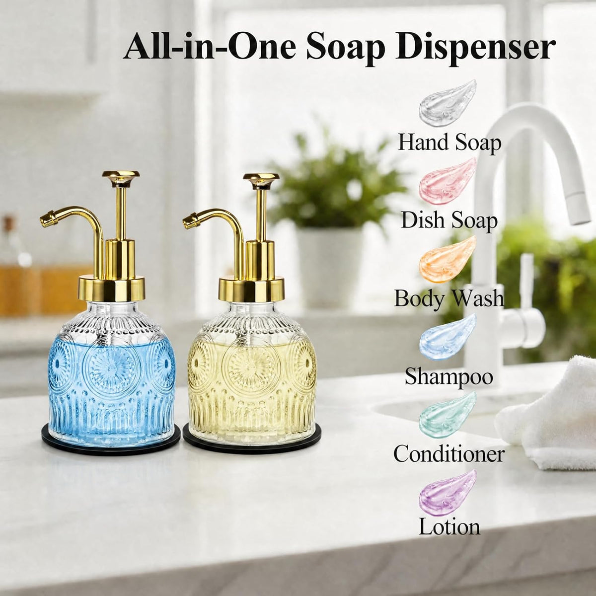 SheeChung 8 Oz Clear Glass Soap Dispenser with Rust Proof Gold Pump, 2 Pack