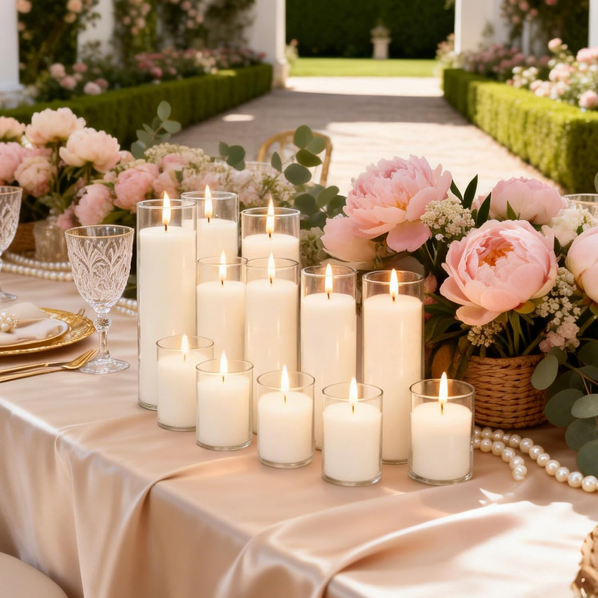 12 Pack Unscented White Pillar Candles in Clear Hurricane Glass, 3 Sizes 3/6/8 Inch (4 Each), Cylinder Candles for Wedding Centerpiece, Dinner Party Indoor & Outdoor Home Decor