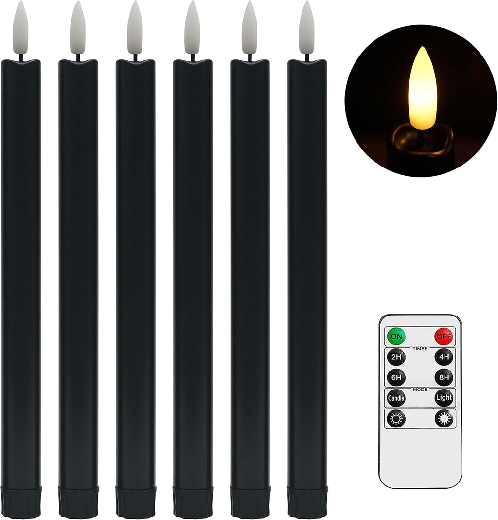 Halloween Decorations, Black Flameless Taper Candles with Remote, Set of 6