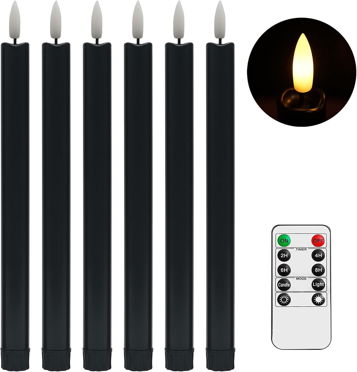 Halloween Decorations, Black Flameless Taper Candles with Remote, Set of 6