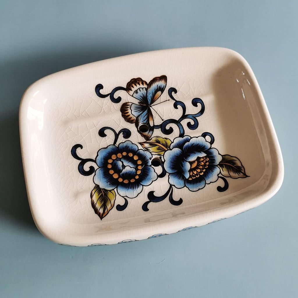 Kelake Ceramic Soap Dish Creative Ice Crack Ceramic Blue Butterfly and Flower Pattern Soap Dish Holder for Bathroom and Shower Soap Tray Box with Drain Gift for Mum Family