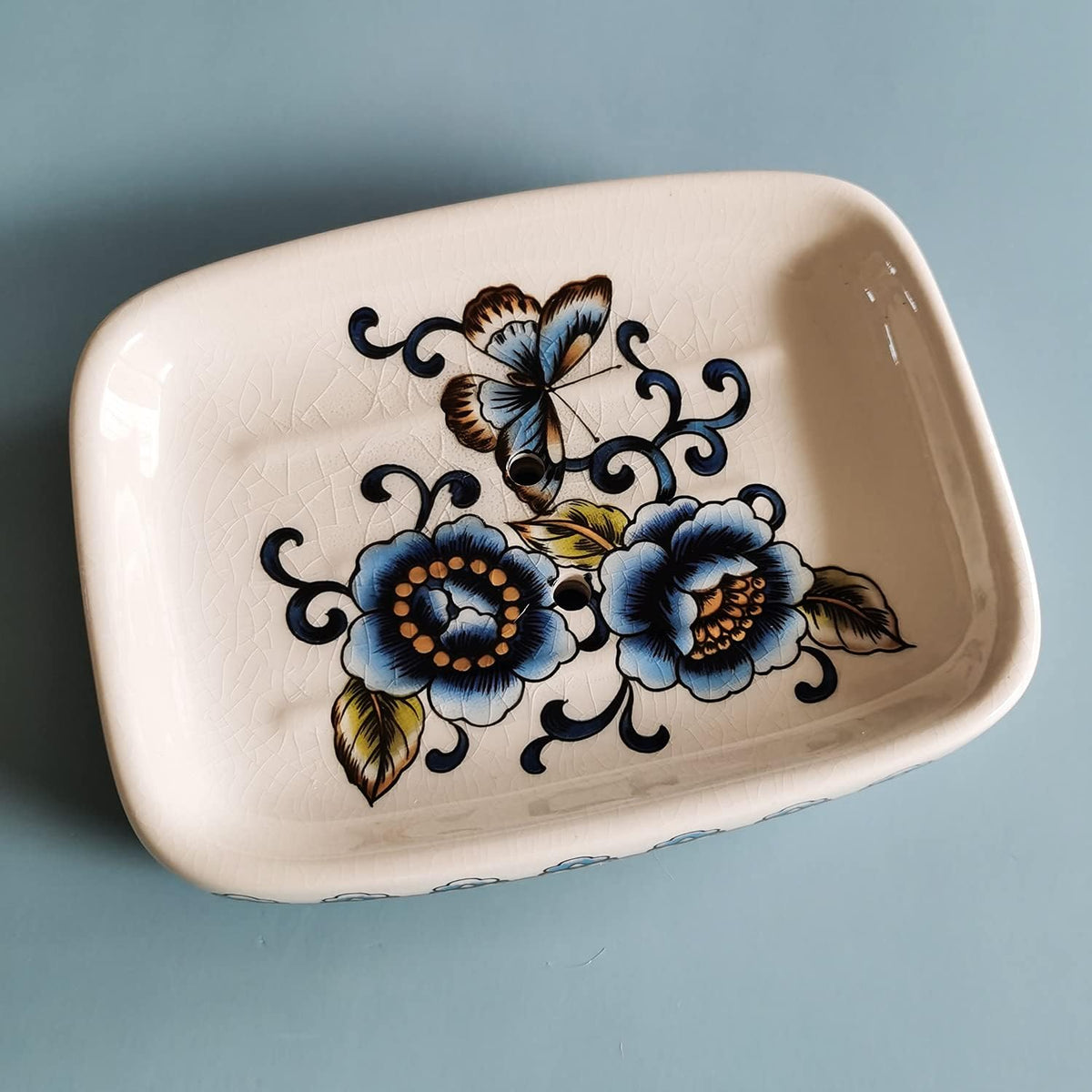 Kelake Ceramic Soap Dish Creative Ice Crack Ceramic Blue Butterfly and Flower Pattern Soap Dish Holder for Bathroom and Shower Soap Tray Box with Drain Gift for Mum Family