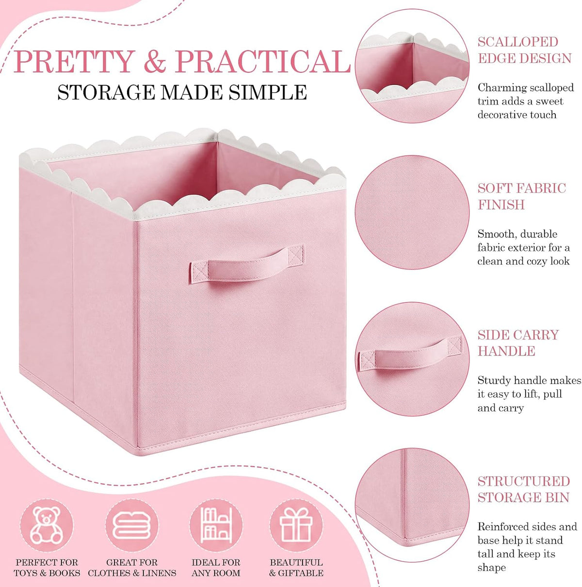 Yalikop 6 Pcs Pink Scalloped Cube Storage Bins 11 Inch Fabric Basket