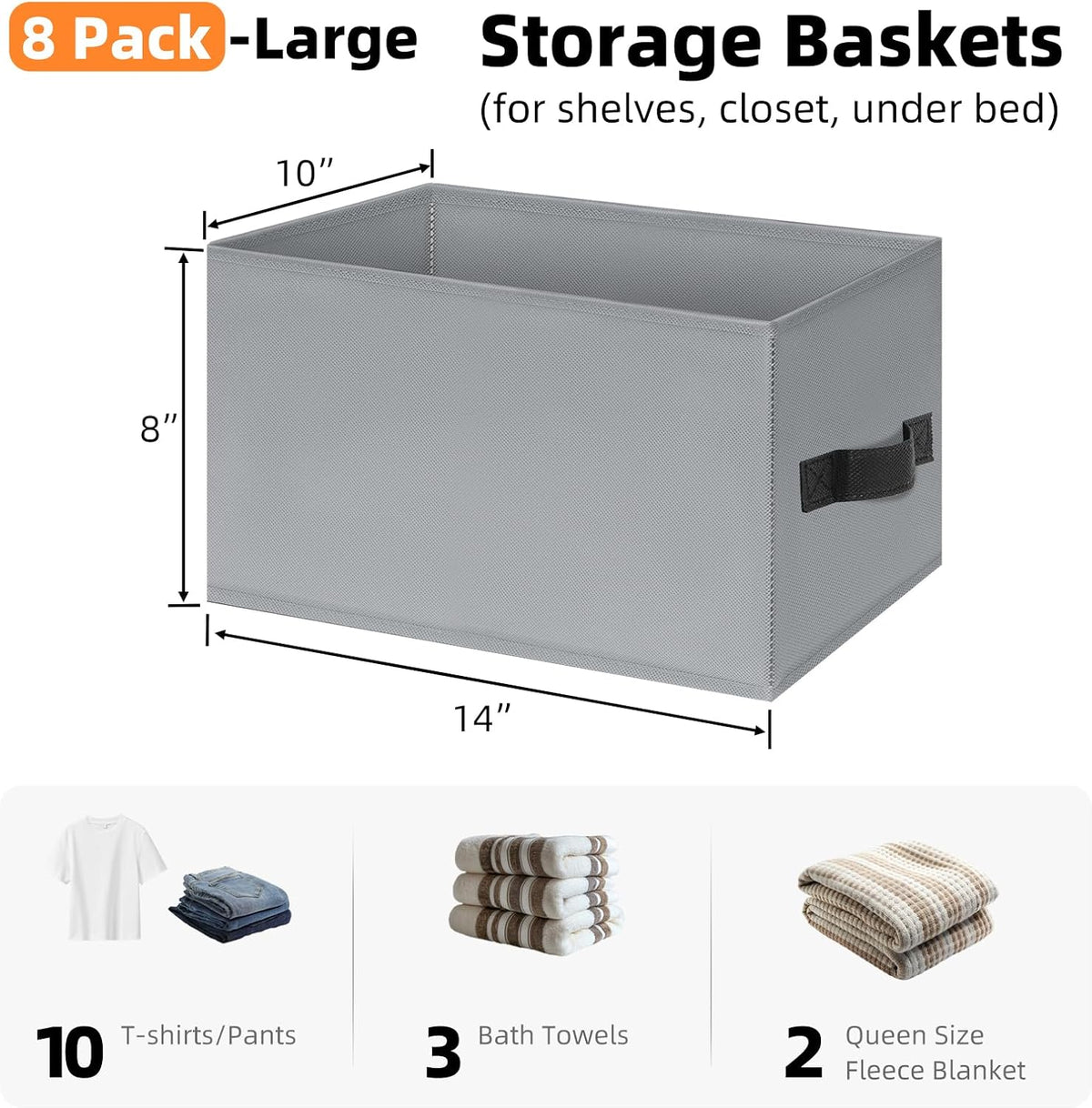 Criusia Large Storage Baskets for Organizing - 8 Pack Fabric Storage Bins for Clothes, Home Closet Organizers and Storage Baskets for Shelves, Blanket Storage Cubes Containers with Handles 14x10in