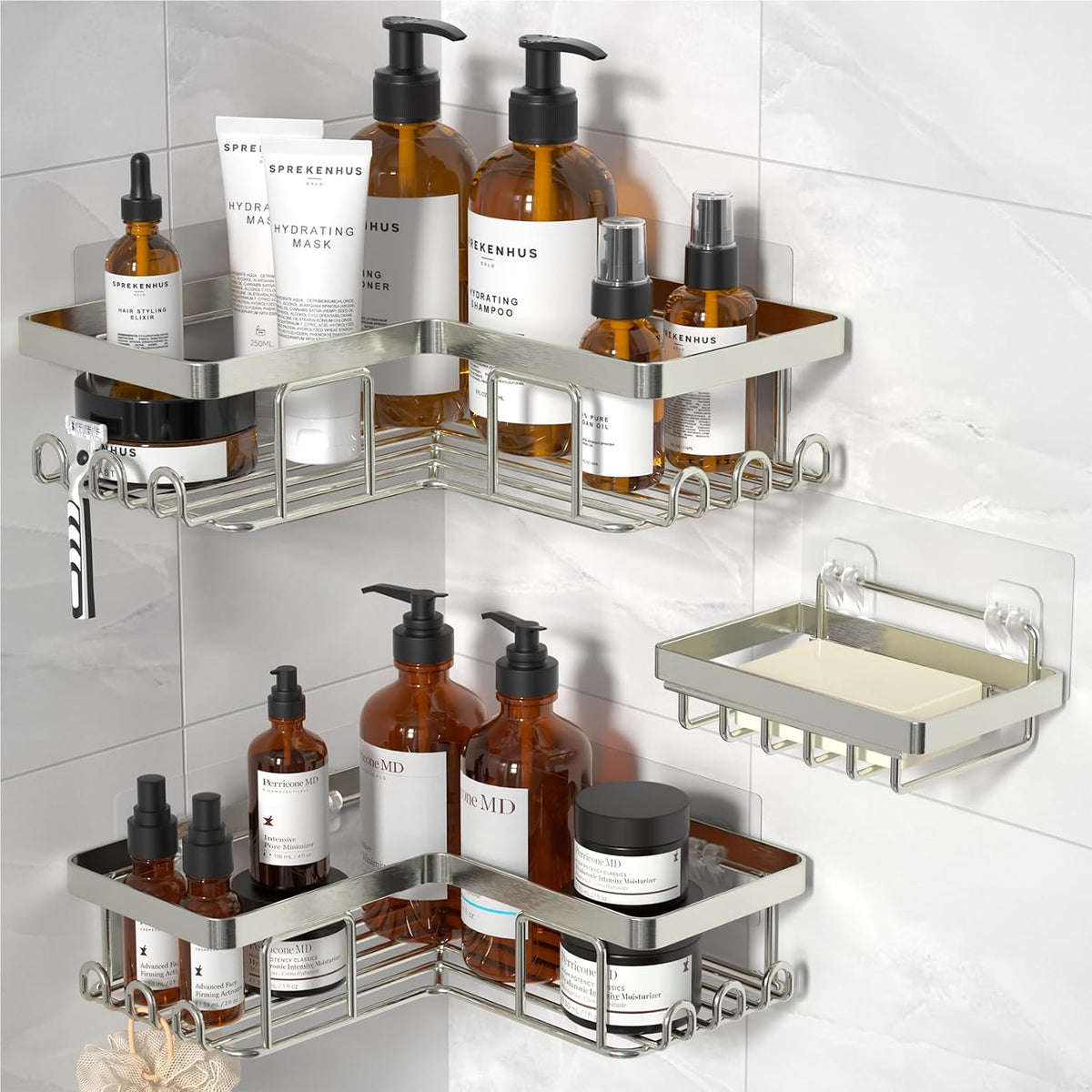 YASONIC Corner Shower Caddy, 3-Pack Adhesive Shower Caddy with Soap Holder and 12 Hooks, Rustproof Stainless Steel Bathroom Organizer, No Drilling Wall Mounted Shower Rack, Nickel