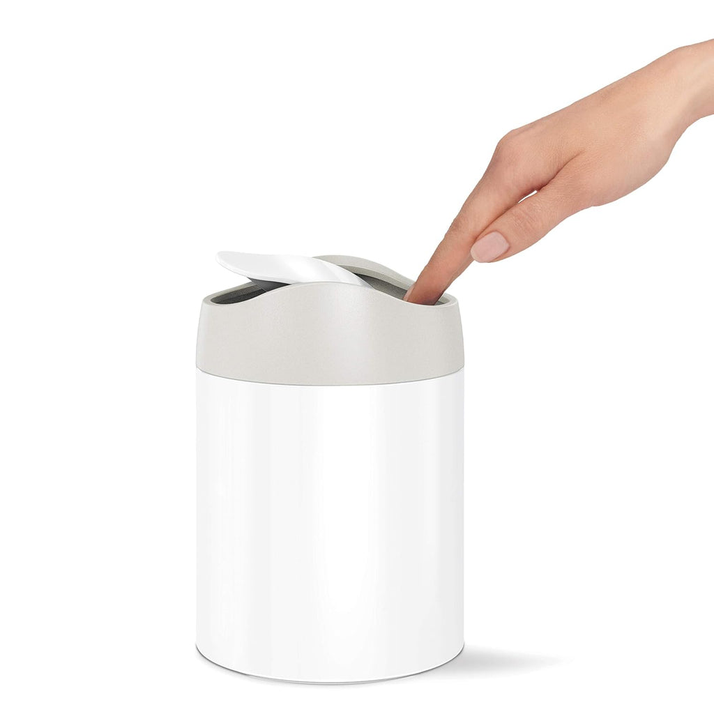 simplehuman Mini Countertop Trash Can, 1.5L / 0.4 Gallon Compact Vanity Trash Can, Balanced Swing Lid, White Steel