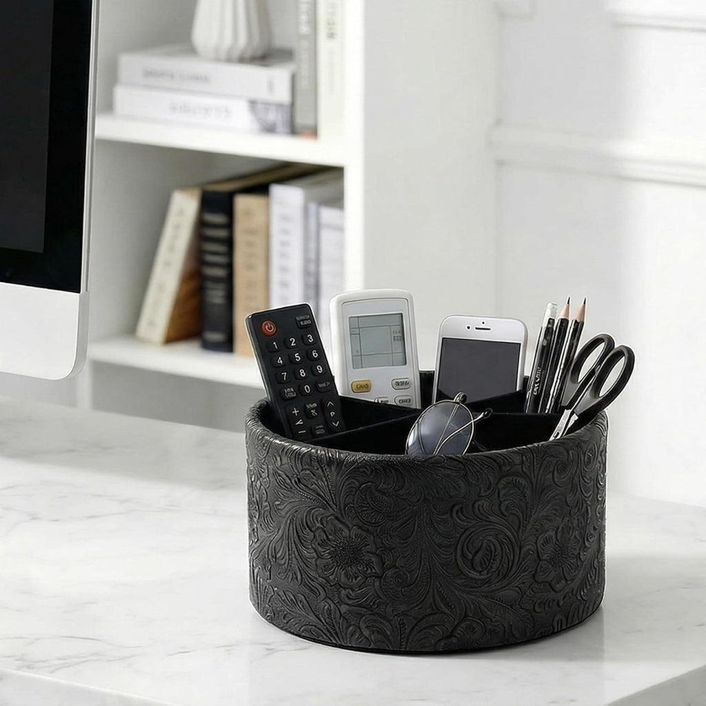 Remote Control Holder, 360°Spinning PU Leather Desk TV Remote Caddy,Desk Storage Box Room Accessories for Controller, Media,Mail,Calculator, Mobile Phone,Pencil(1-Carved Black)
