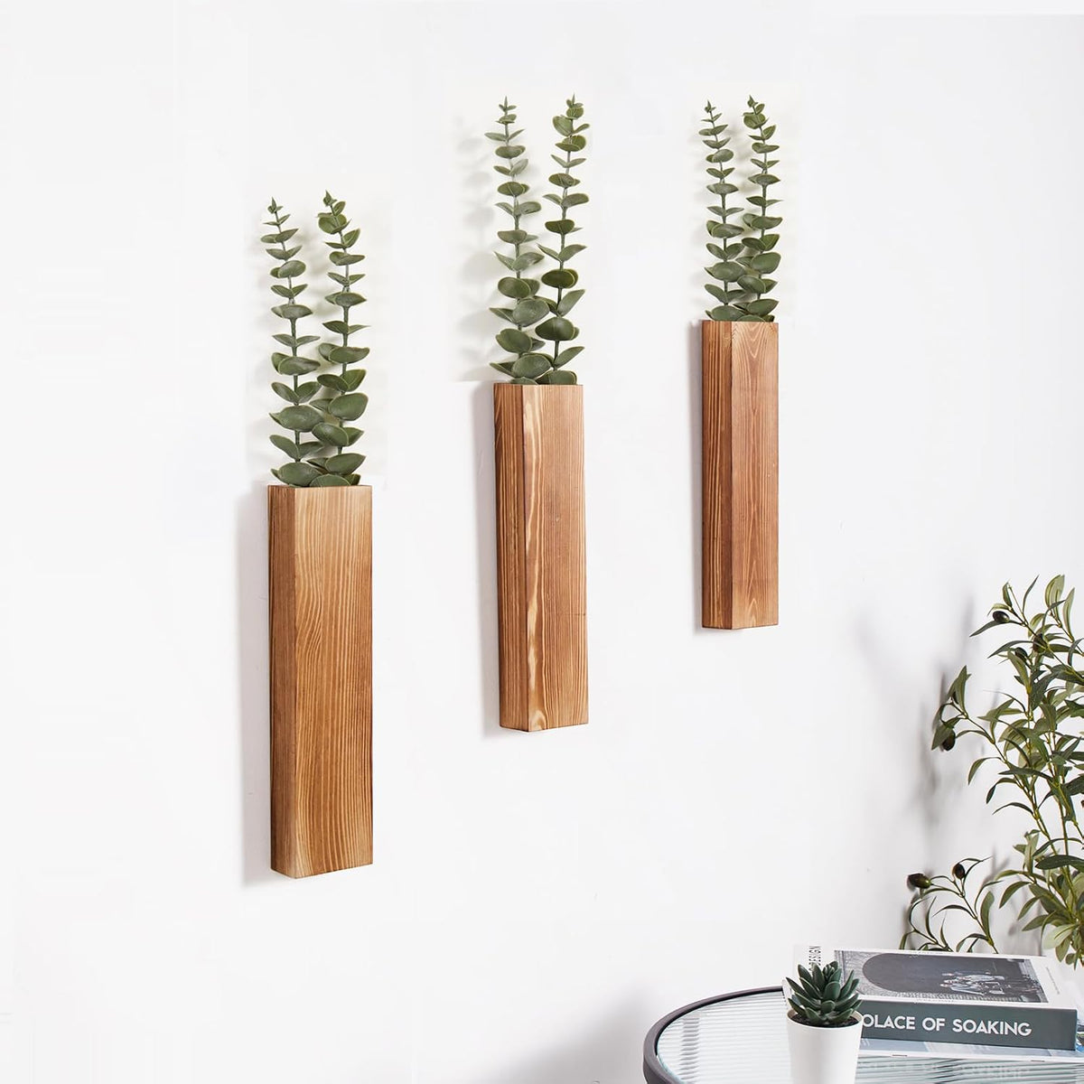 3 Pack Wood Wall Planters with Faux Eucalyptus Stems for Wall Decor