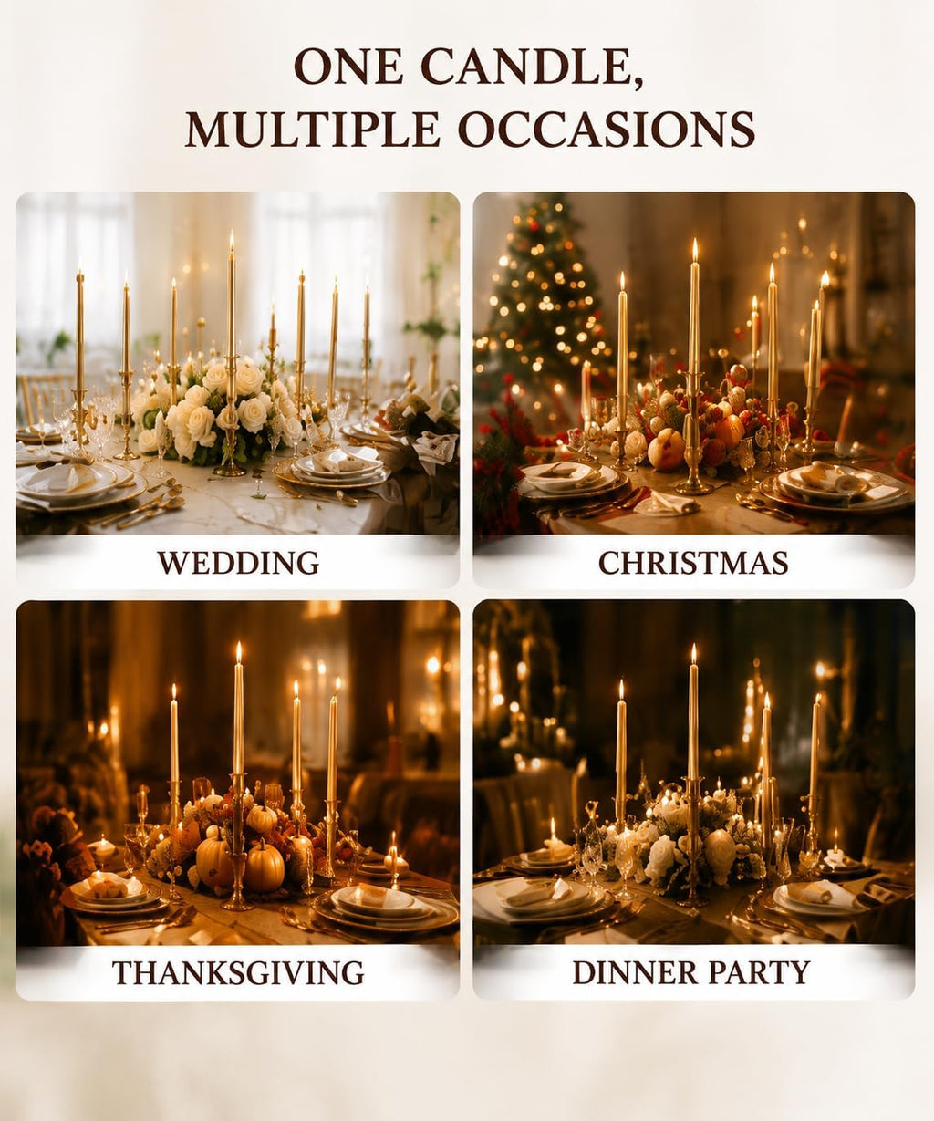 Champagne Gold Taper Candles 10 Inch, 12 Pack Metallic Unscented